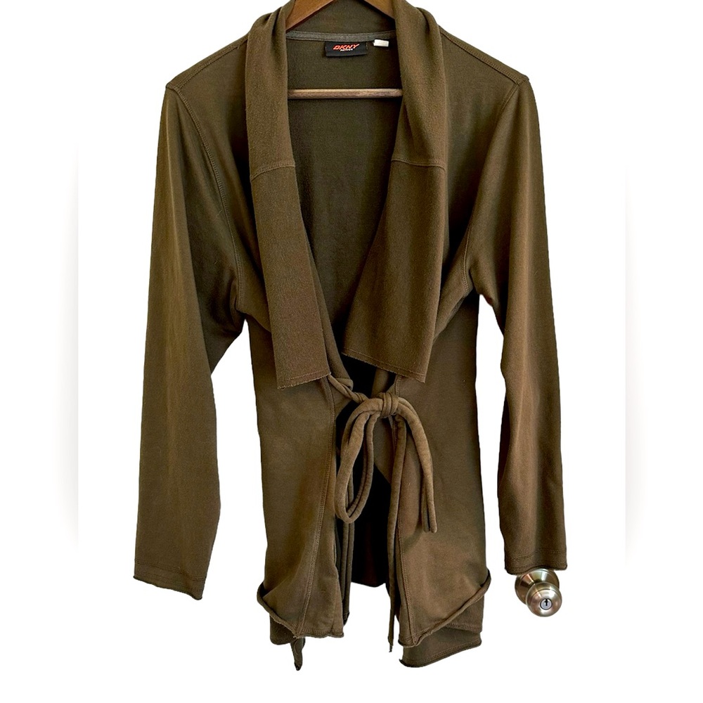 DKNY active olive green open front, belted cardigan, women, no size tag